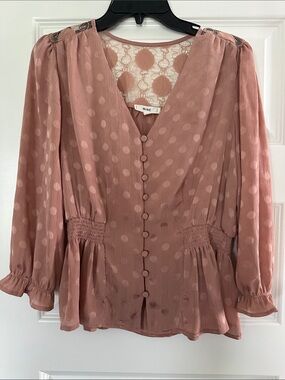 mine Blush Pink Polka Dot Button-Front Smocked Waist Blouse